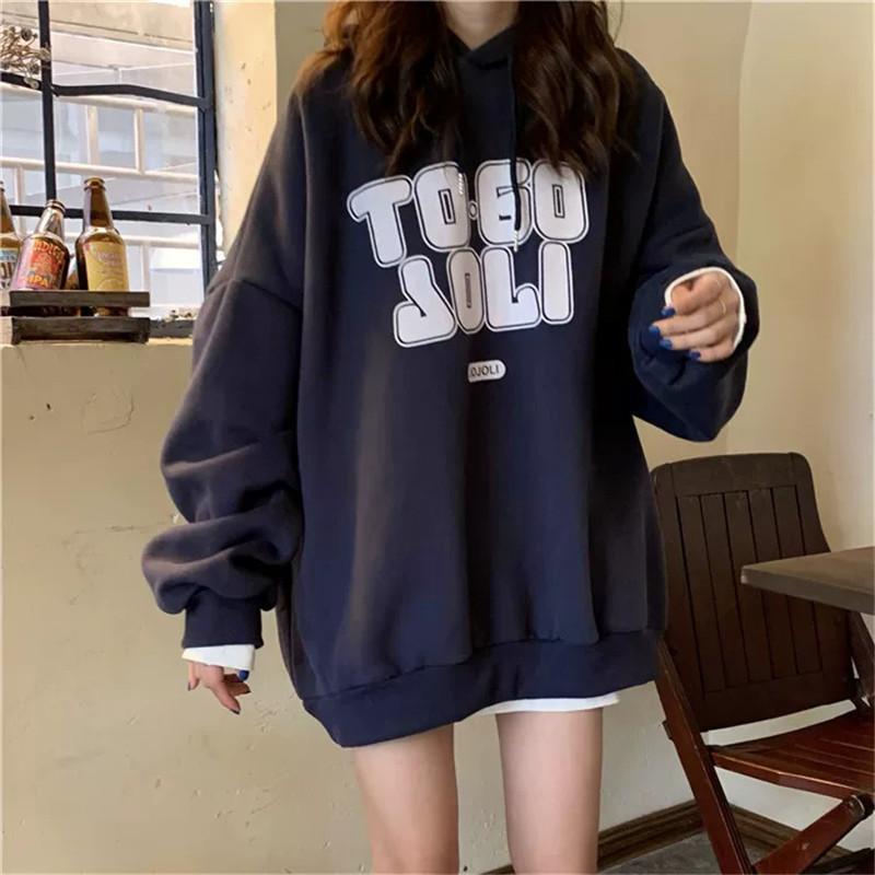 

Hooded sweater women s autumn and winter fleece thickened loose lazy style versatile top jacket 2XL Темно-синій