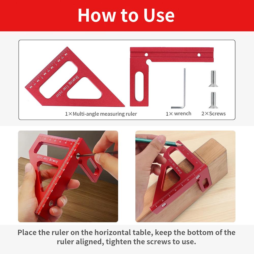 Aluminum Alloy Red Miter Triangle Ruler 45°/90° Woodworking Square Protractor - 3D Multi Angle Layout Measuring Tools