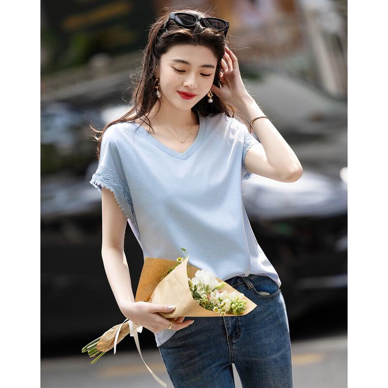Demana Women's Summer V-Neck Lace Trim Mercerized Cotton T-Shirt
