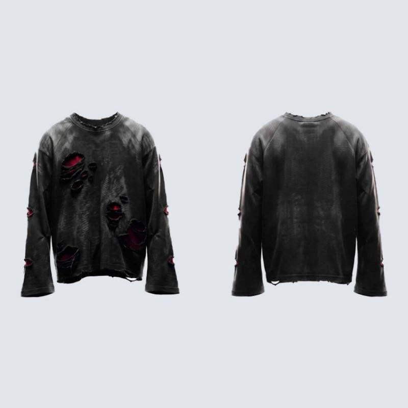 Distressed Oversized Long Sleeve T-Shirt With Raw Edge Holes Dark Alternative Streetwear Base Layer