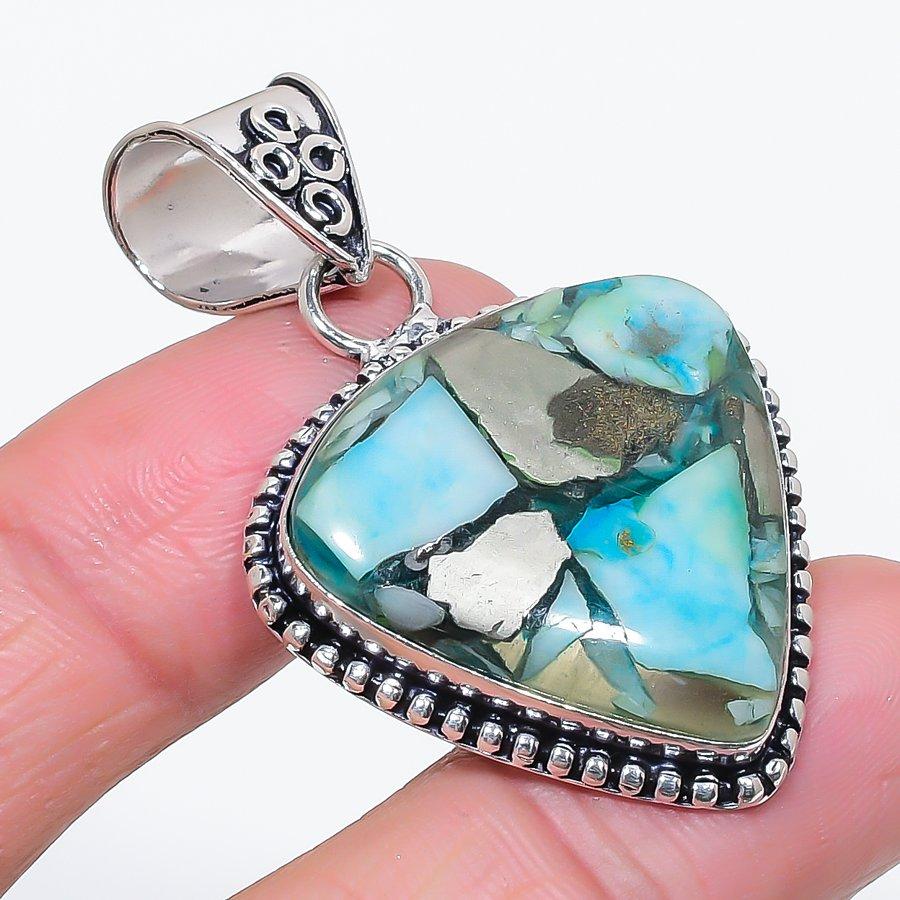 Natural Copper Turquoise Gemstone 925 Sterling Silver Jewelry Pendant 1.97" R5r21