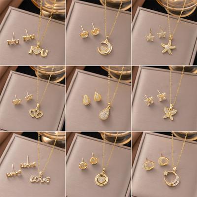 Trendy 18K Gold Plated Zircon Crystal Pendant Stainless Steel Necklace Earring For Women Clavicle Chain  Lady Accessories