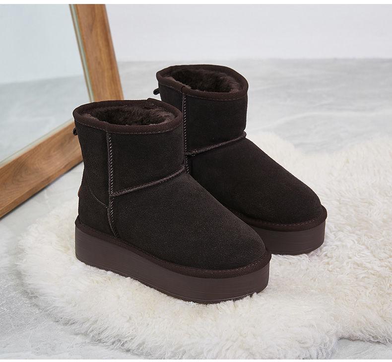 Women's Korean Style Thick Sole Hidden Heel Snow Boots: Genuine Leather, Fleece-Lined, Warm Ankle Boot for Versatile Winter Wear.