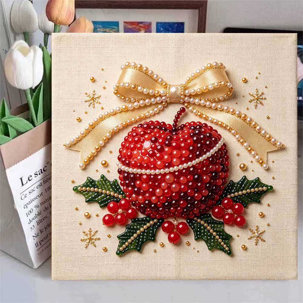 DIY 5D Pearl Painting Kit Framed with Festive Christmas Apple and Holly Bow Design Sparkling Bead Canvas Art Creative Gift for Nursery Room Decor