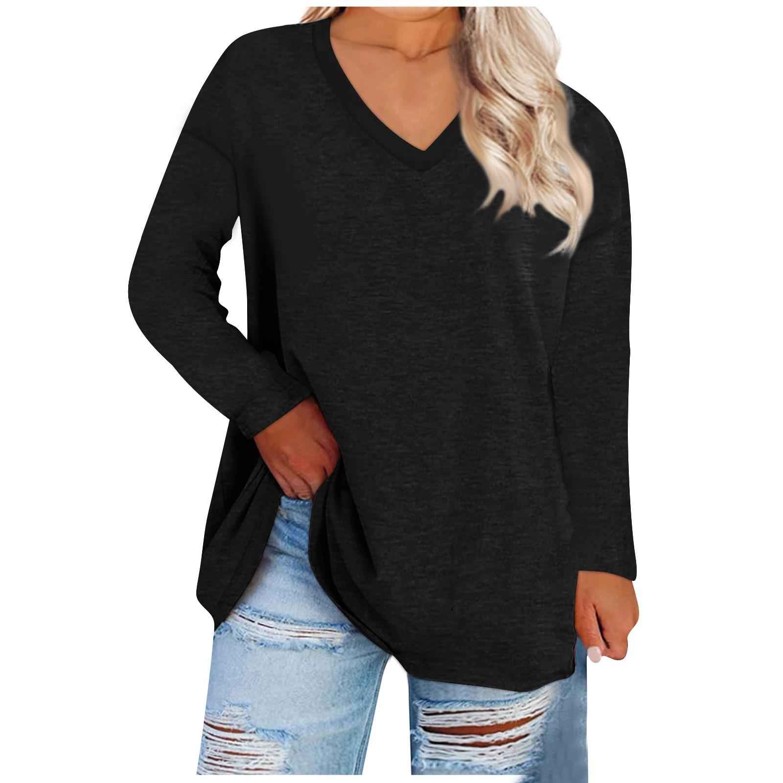 

Жіноча велика вільна та зручна однотонна футболка з довгим рукавом і круглим вирізом XL чорний