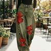 Loose Fit Faux Denim Trousers Women High Waisted Wide Leg Jeans, Vintage Floral Print Relaxed Trousers, Casual Pants with Pockets & Metal Eyelets
