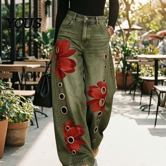 Loose Fit Faux Denim Trousers Women High Waisted Wide Leg Jeans, Vintage Floral Print Relaxed Trousers, Casual Pants with Pockets & Metal Eyelets