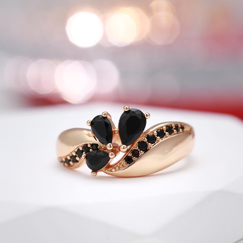 Black Natural Zircon Ring For Women Fashion  Rose Gold Color Crystal Flower Bride Ring Daily Fine Vintage Jewelry