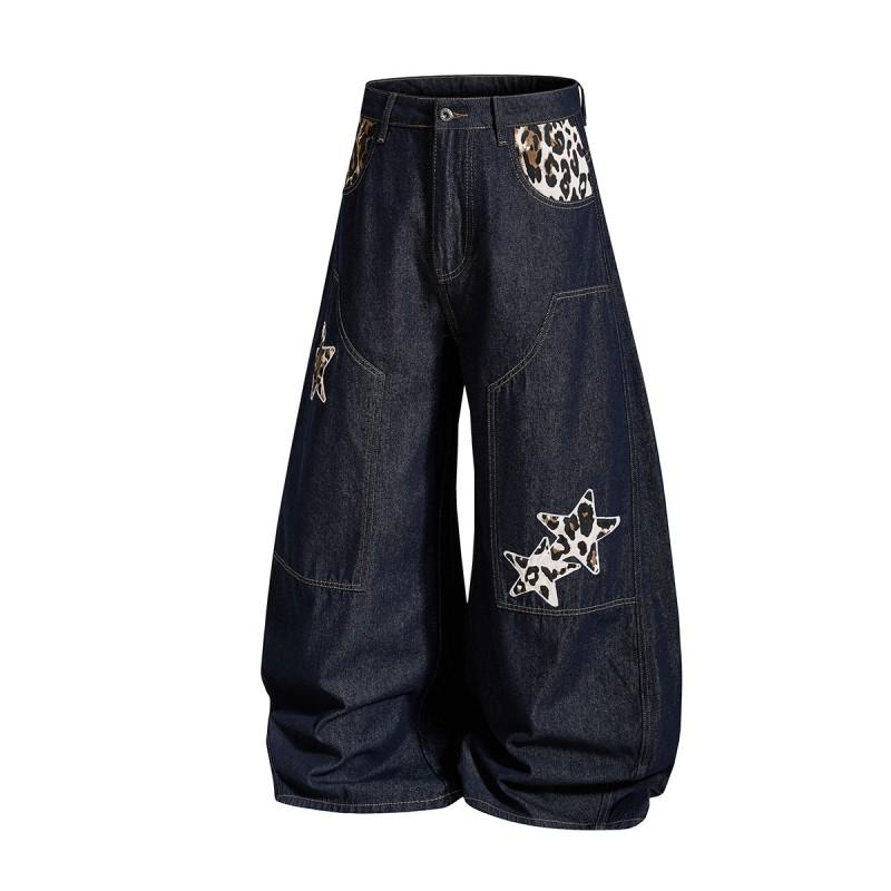 American Streetwear Jeans Loose Wide-Leg Bootcut Pants Vintage Leopard Patchwork Long Length Teens