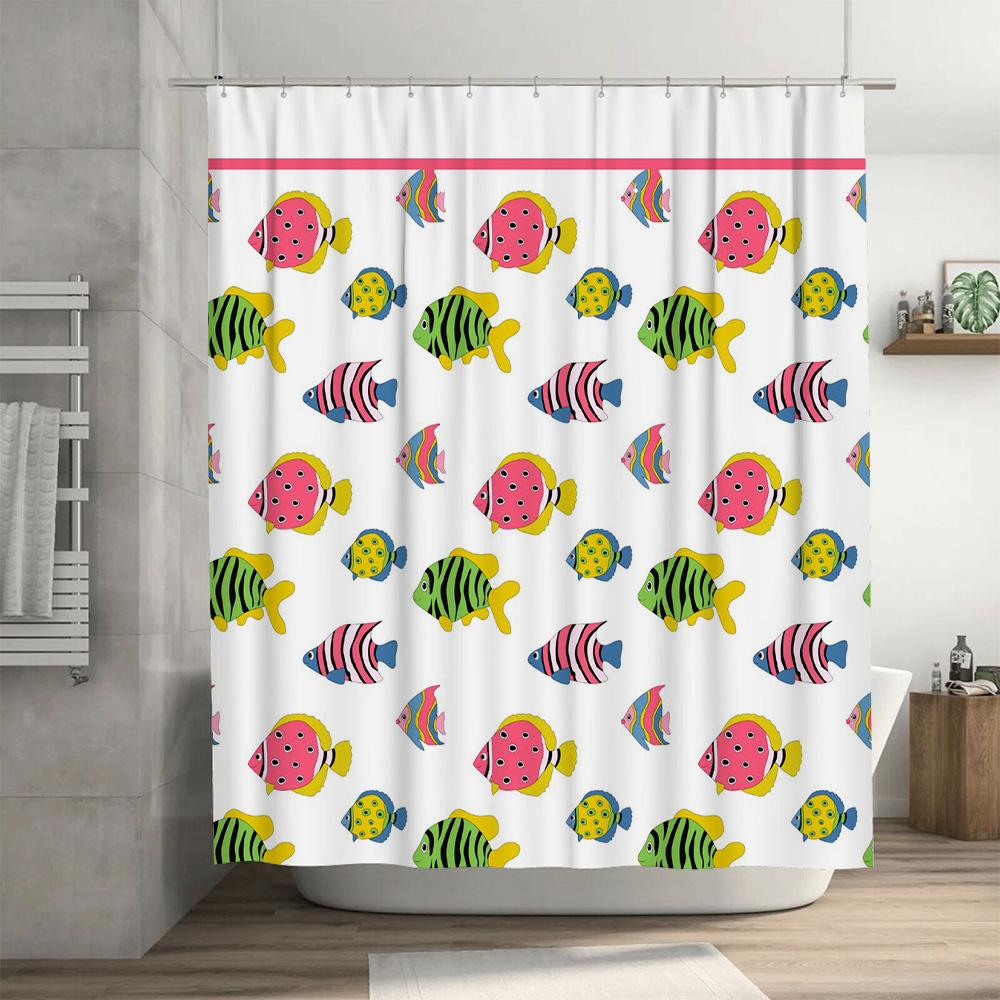 Colorful Fishes Shower Curtain Pattern Printed Fabric Waterproof Bath Mat Decor Home Decoration Available In Various Sizes For K