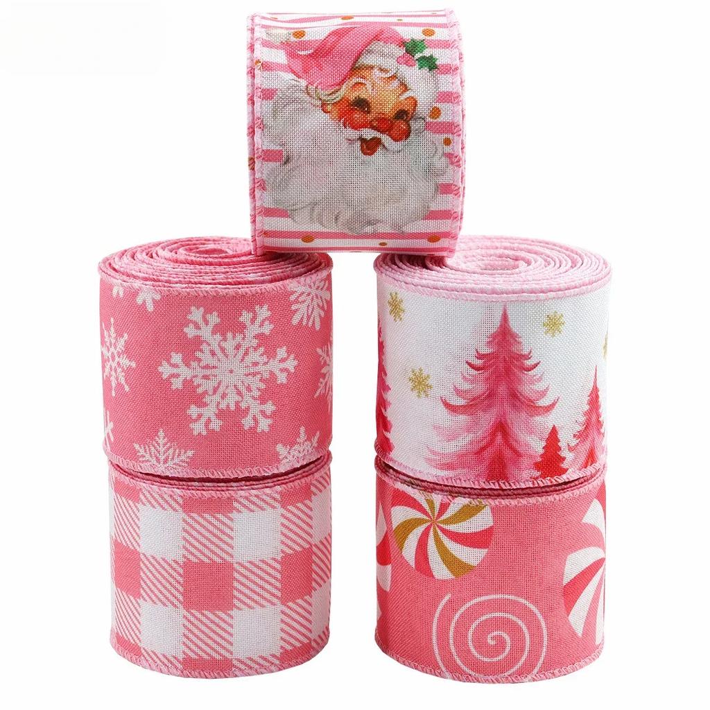 Draht-Weihnachtsband Rosa Kariert Grosgrain Weihnachtsgeschenkbox Verpackung Kuchenband für DIY Kranz Schleife Bänder