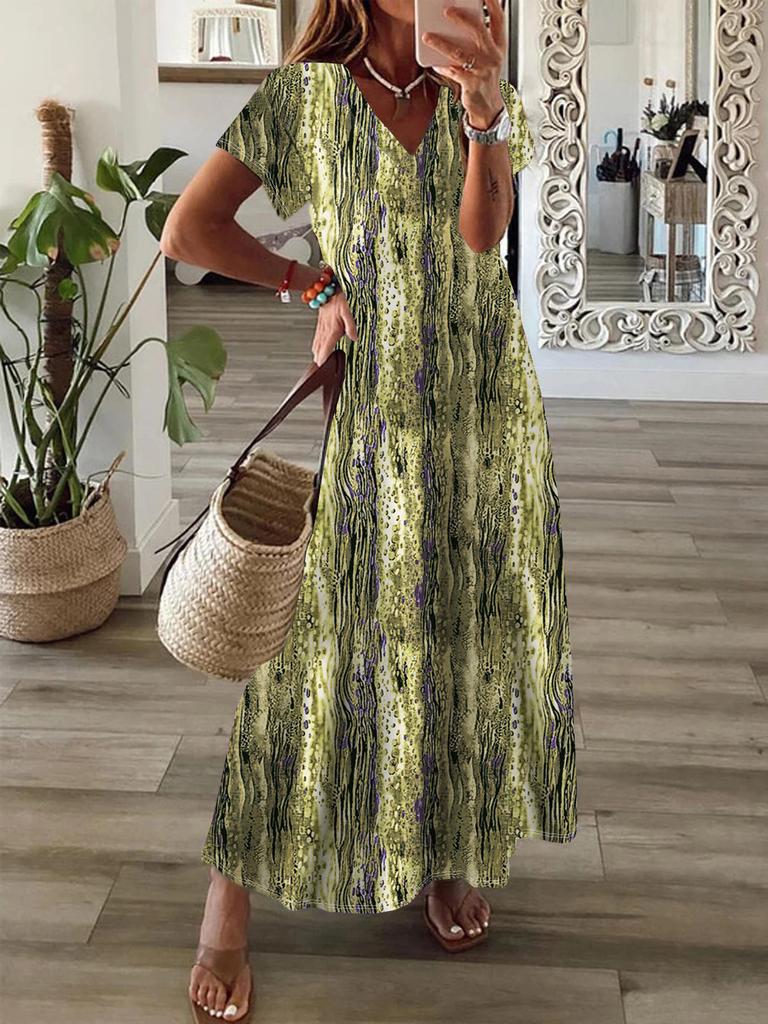 Women's Spring Summer V-Neck Short Sleeve Boho Print Swing Dress