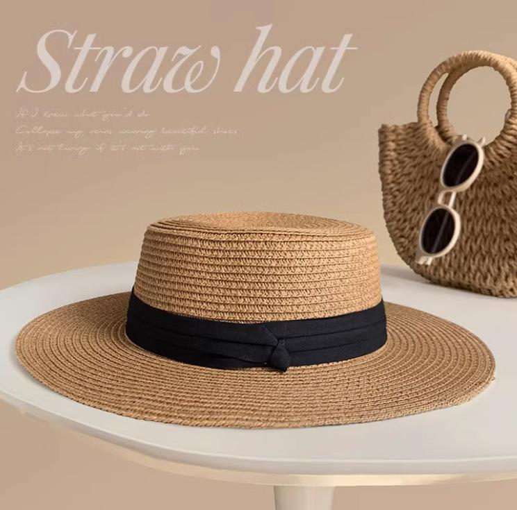 Lace Bow Straw Hat Women's Summer French Large Brim Sunscreen Hat Seaside Beach Vacation Sun Hat