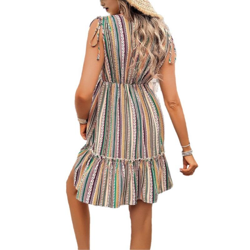 Casual Vacation Style Printed V-neck Women's Short Skirt Dress for Spring and Summer
