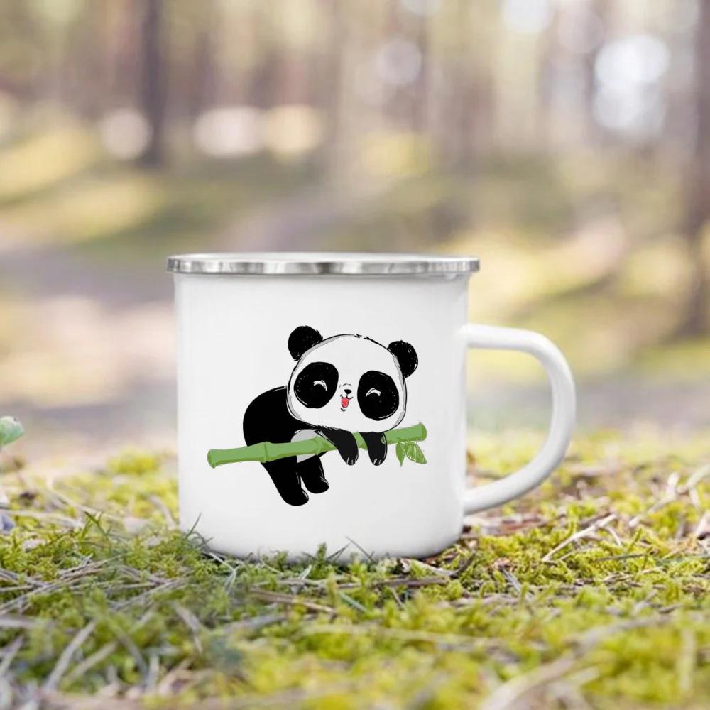 Flower Panda Printed Creative Enamel Water Cup Drink Dessert Breakfast Milk Cups Kid Mugs Handle Mug Birthday Gifts for Childen