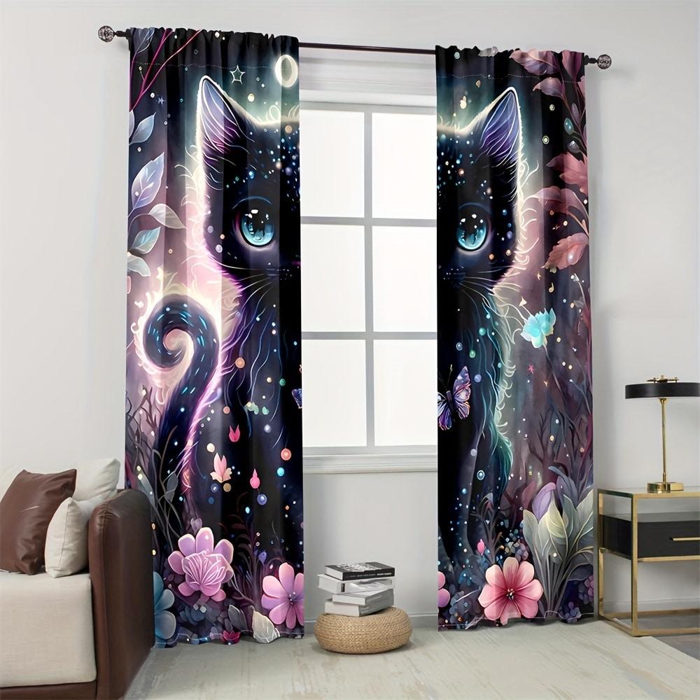 

2pcs- Black and pink cat polyester curtains, pole bag curtains 42*84, bedroom, living room, home room decoration 29Wx64L(75x166CM)x2