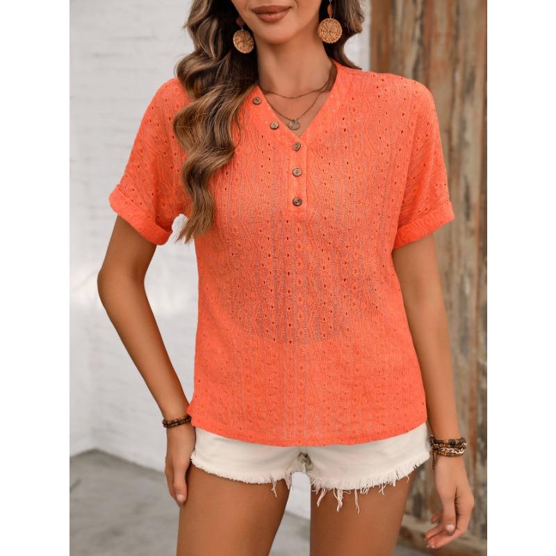 Summer Women's Plus Size Broken Crochet Hollow Decorative Button V-Neck Short Sleeve T-Shirt Top