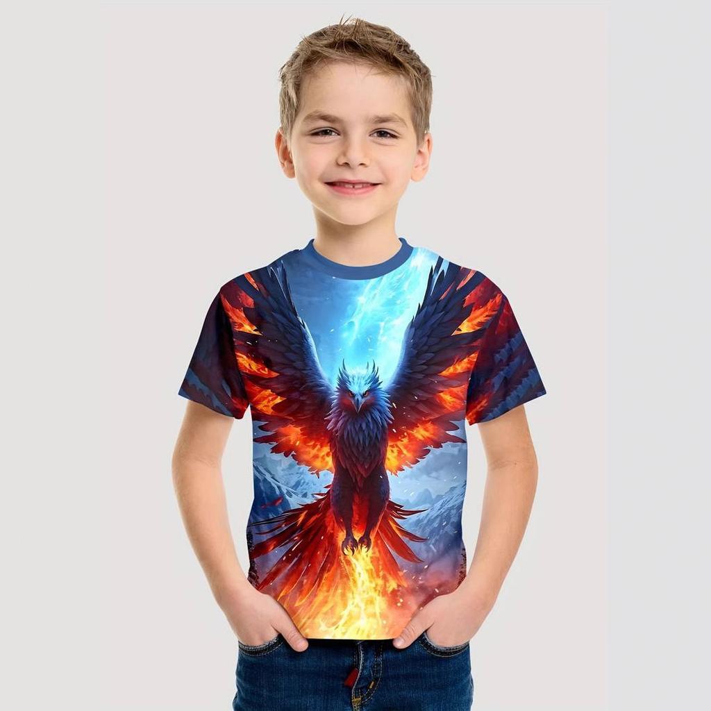 Kinder T-Shirts Sommer Rundhals 3D Adler Muster Bedrucktes Oberteil Modische und lässige Kurzarm T-Shirts für Kinder und Jungen