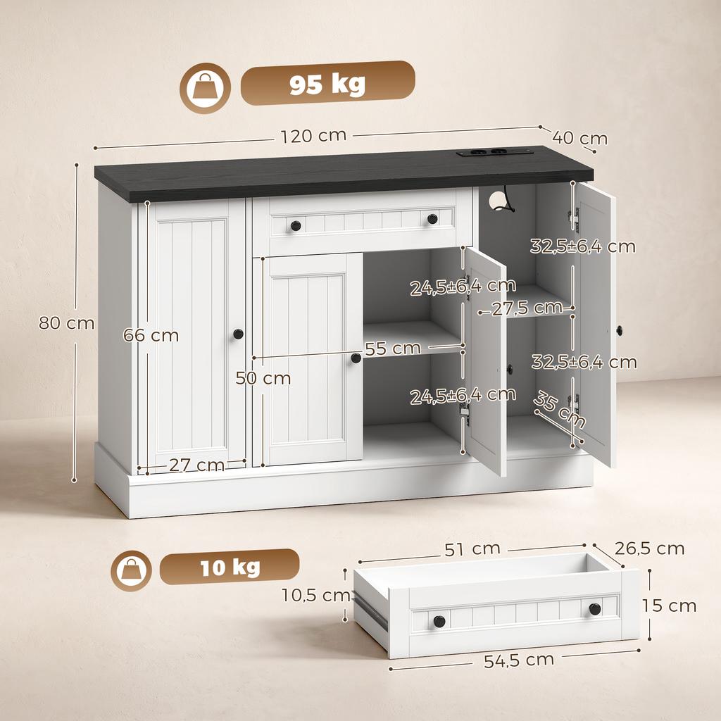 Living Room Buffet with Charging Station, 120 x 40 x 80 cm, White and Black
