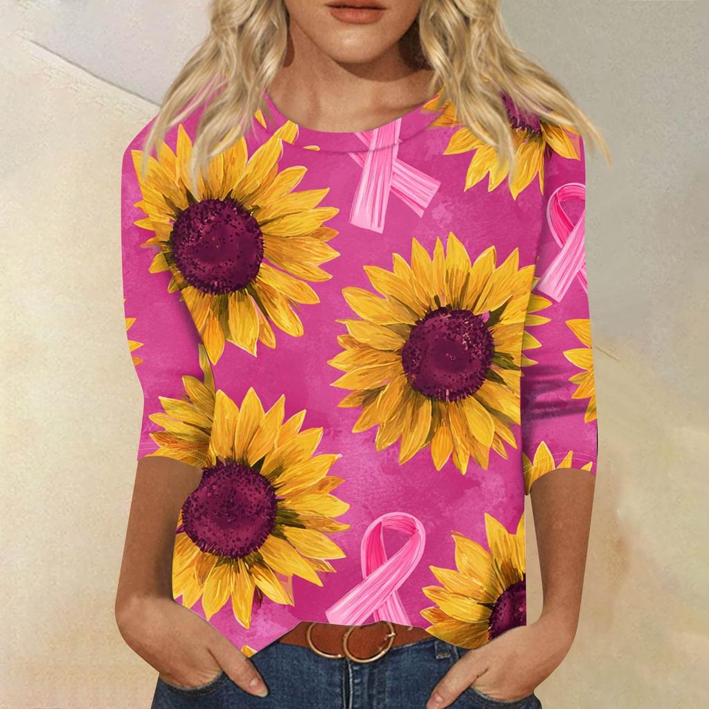 Women's Fashion Casual Seven Split Sleeve Printed Loose Round Neck Top