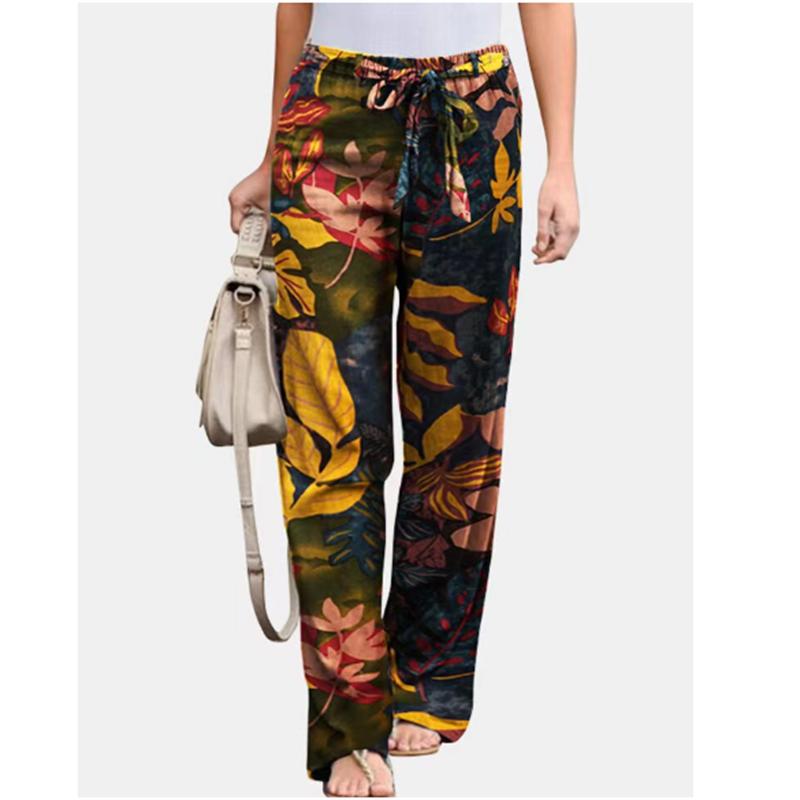 Bumbac Imprimat și In Casual Confortabil Talie Elastică Pantaloni Lungi cu Picior Larg pentru Femei
