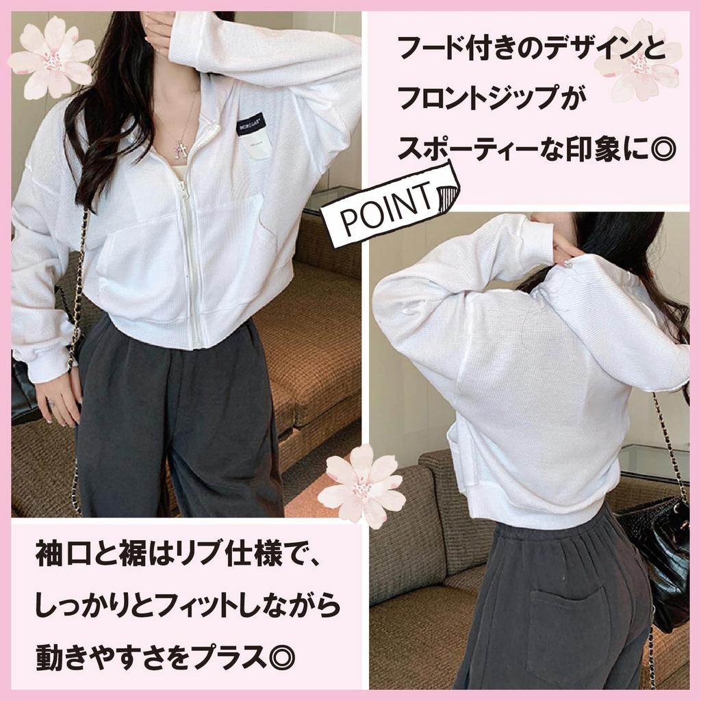 de Short [Maison TAO] Hoodie, Zip-up, Length, Cropped, Hooded, Waffle, Casual, Korean, Plain, Sports, Women's (Blue, L)