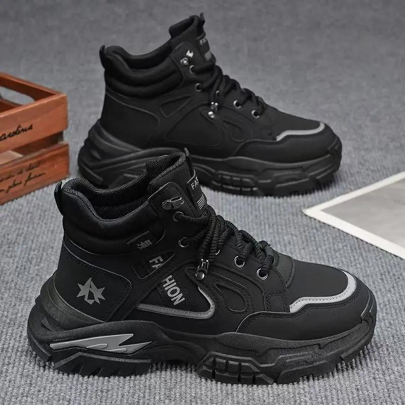 Мужские водонепроницаемые повседневные кроссовки для улицы, походные ботинки, ботильоны, осенне-зимние кожаные высокие рабочие ботинки, толстая подошва, нескользящие 44 чёрный
