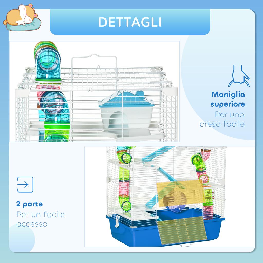 5-Tier Hamster Cage with Tubes, House, Tank and Wheel, Made of Steel, PP and PS, 59x36x69 Cm, Blue and White