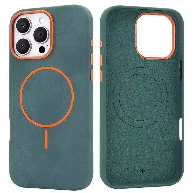 

Роскошный чехол для телефона Magsafe из ТПУ кожи для iPhone 16 15 14 13 Pro Max с магнитной беспроводной зарядкой и противоударным покрытием из сплава iPhone 16 Pro Max зелёный