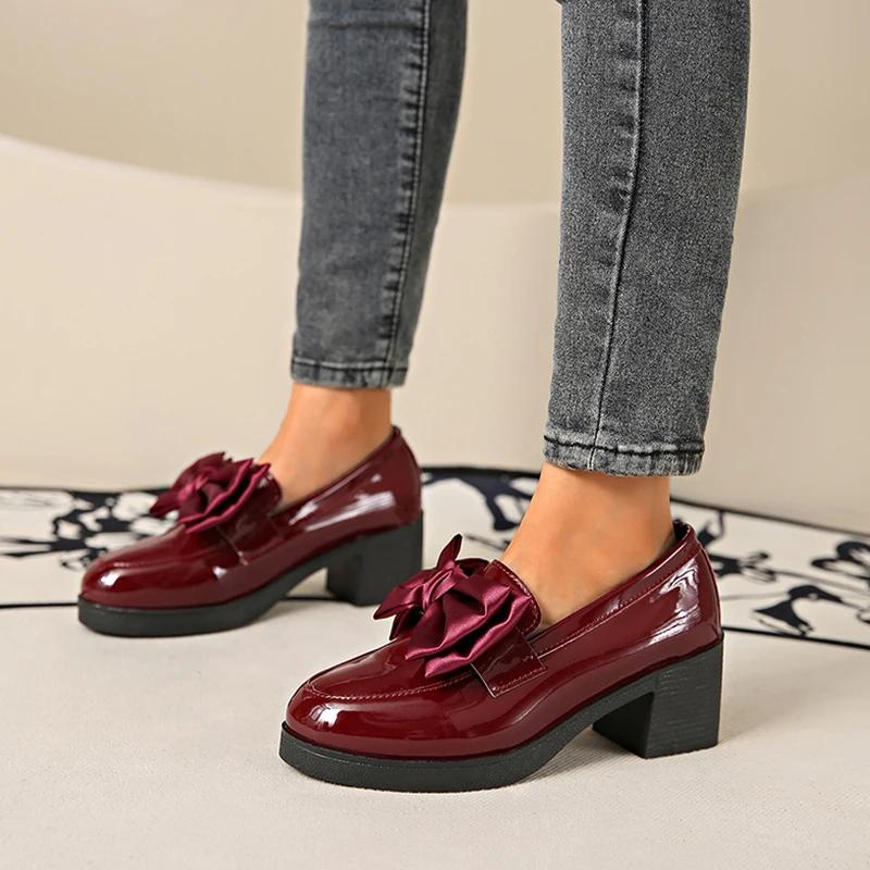 Fashion 2025 Spring Sweet Bowknot Square Heel Pumps Woman Black Patent Leather Women's Loafers Platform Slip on Heeled Shoes for Women