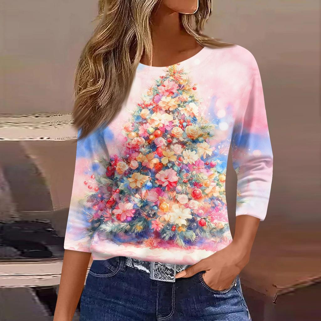3/4 Sleeve Shirts For Women Print Graphic Tees Blouses Casual Plus Size Basic Tops Pullover