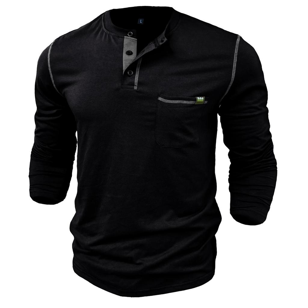 Men's Clothing Button down Shirts Long Sleeves Pullovers Knitted T-shirts In Matching Color Buttons Round Neck Tops with Chest Pockets Stylish Casual