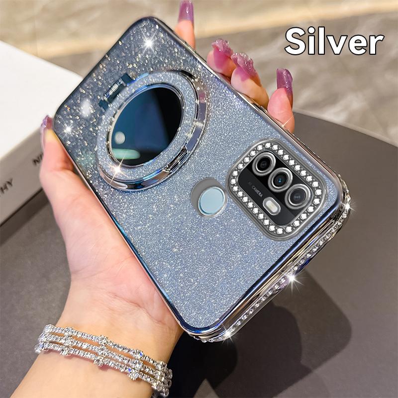 Women Girl's Diamond Make Up Mirror Phone Case For OPPO A32 A35 A38 A53 2020 A54 A57 A60 A74 Holder Plating Soft Silicone Cover
