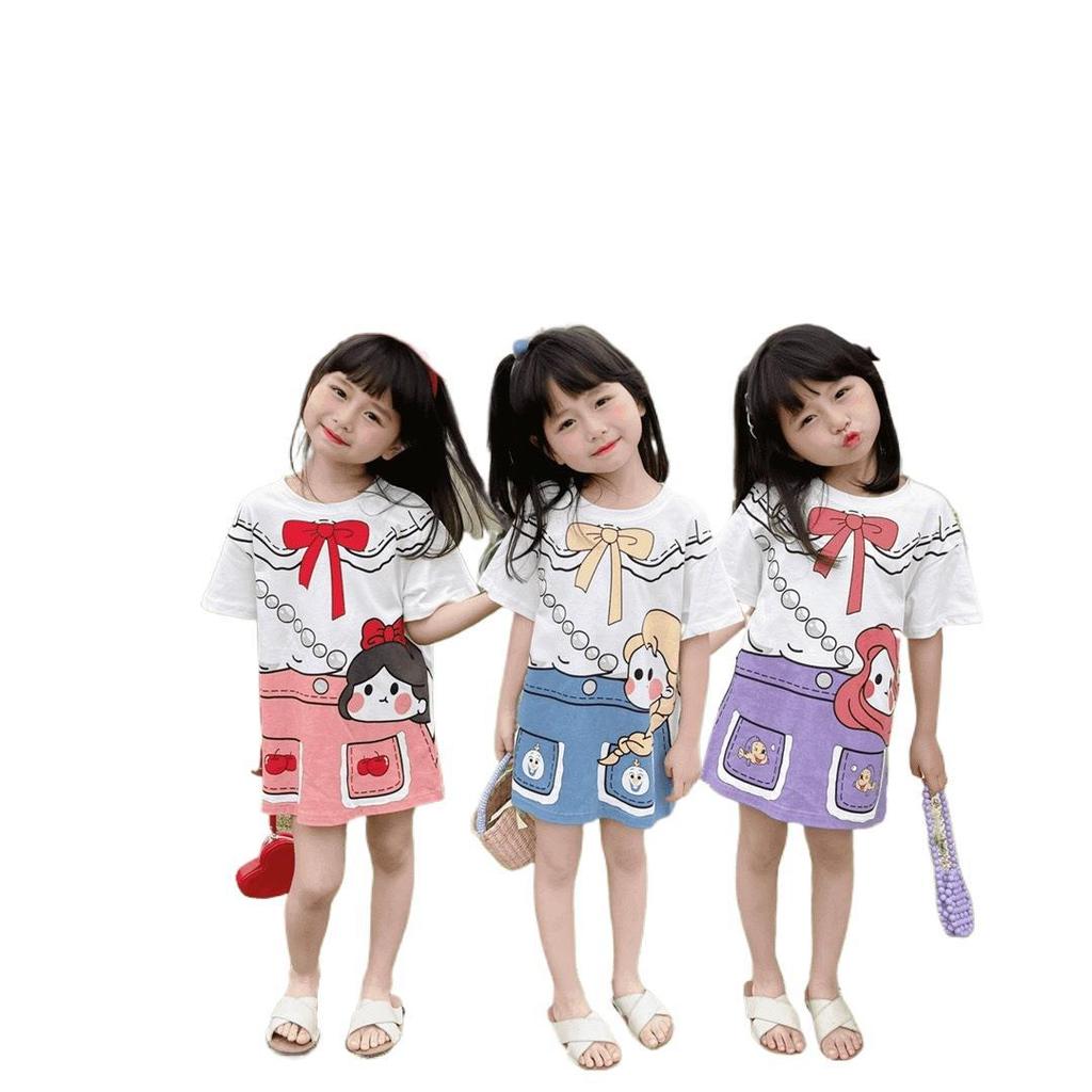Girls Summer Cartoon Princess Dress Kids Short Sleeve Midi T Shirt Dress Baby Casual Cotton Sundress