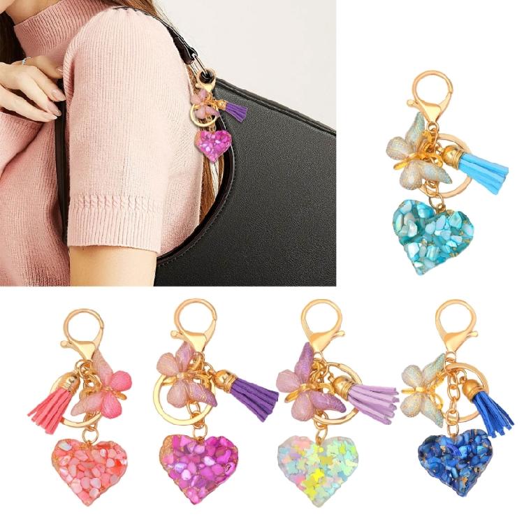 Sequins Filled Resin Heart Keyring Creative Car Key Chain Butterfly Keychain Bag Charm Keychain Hanging Ornament