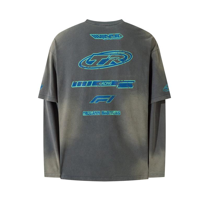 American Racing Retro Distressed Long Sleeve Tee - Hip Hop Streetwear with Cracked Letter Print and Fake Two-Piece Design