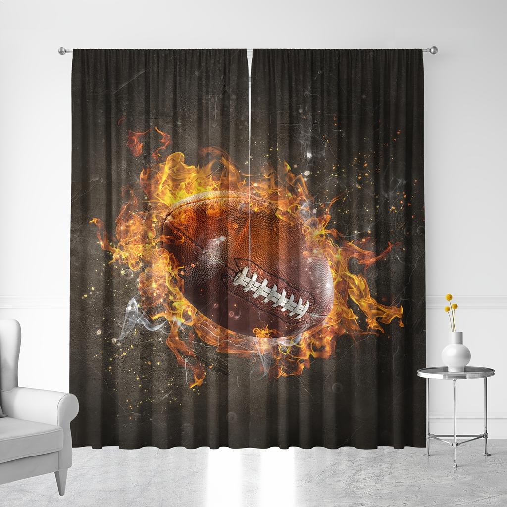 2 Panels Sports Curtains Rod Pocket Abstract Flame Basketball Theme Wall Decor Teens Bedroom Men Cool 3D Ball Art Printed Drapes