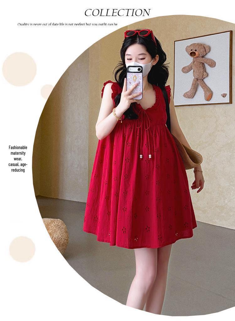2026 Summer Sleeveless Maternity Doll Dress - Age-Reducing, Hollow Out, Loose Fit, Sweet Belly Covering Vest Design