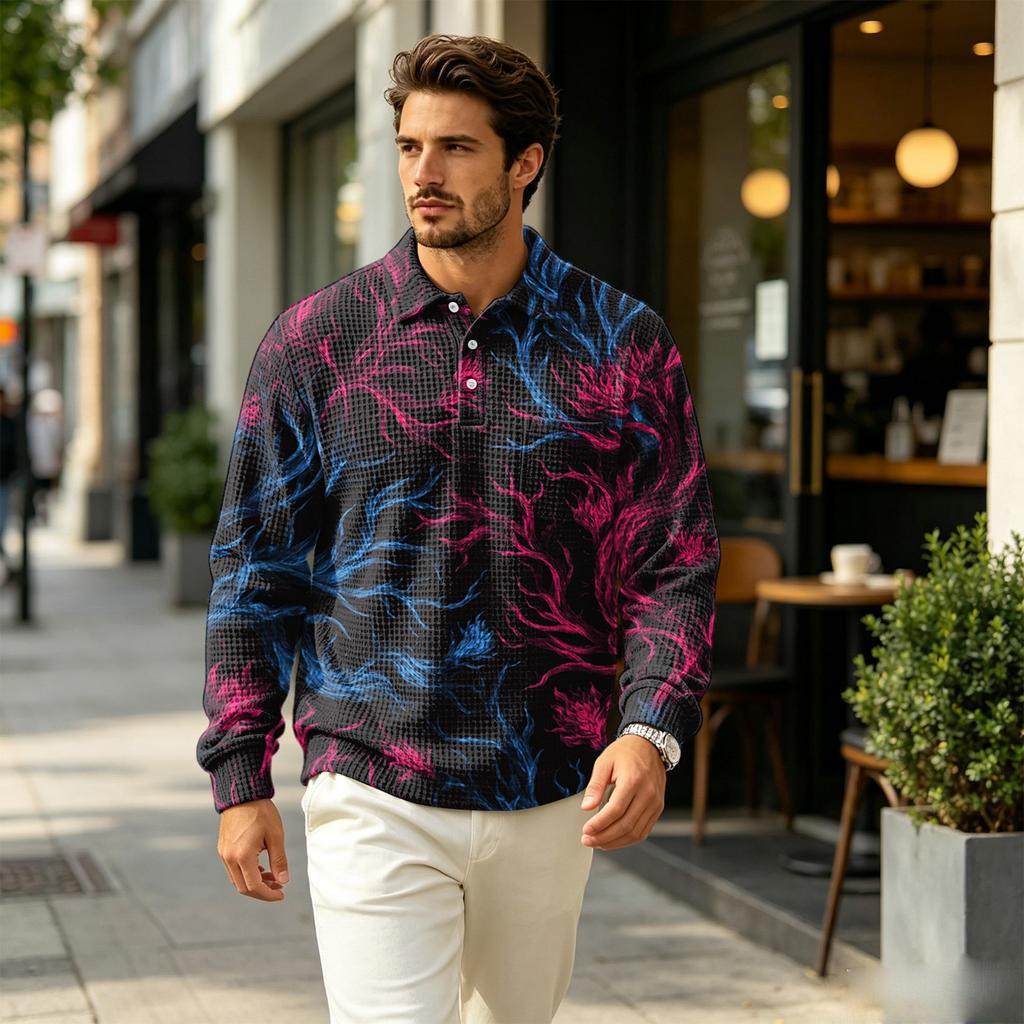 Men's Fall Casual Knit Pullover, Long Sleeve Collared Top with Pocket, Printed Outdoor Wear