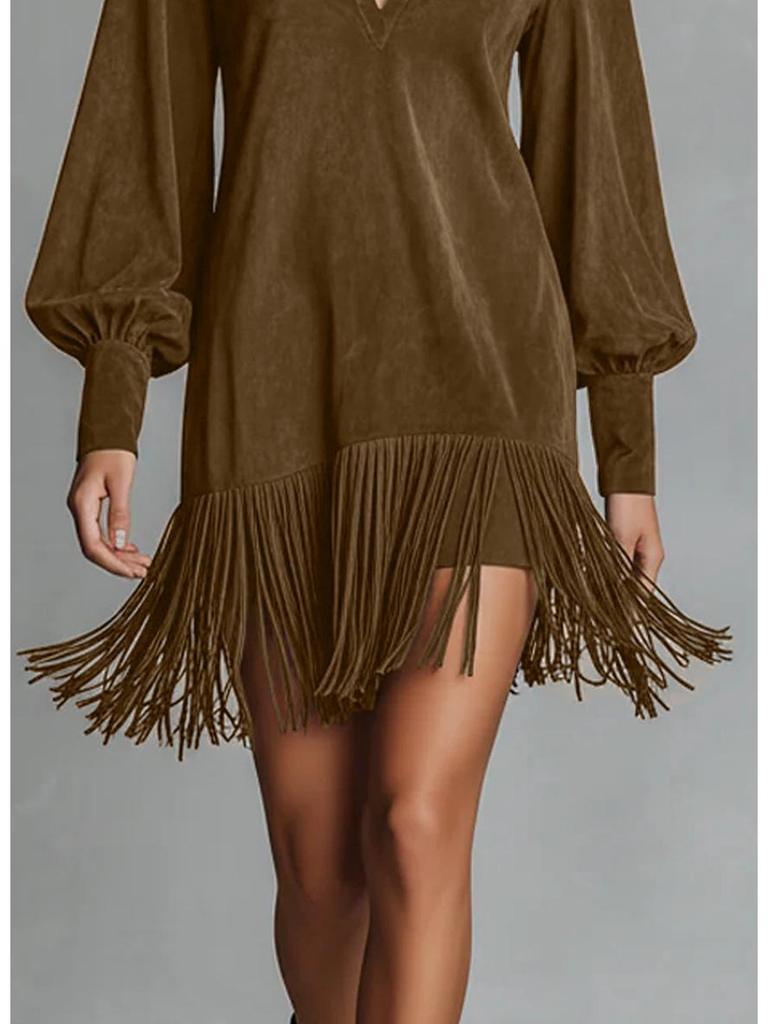 Western Cowboy Faux Suede Fringed Slim Fit V-Neck Dress for Women