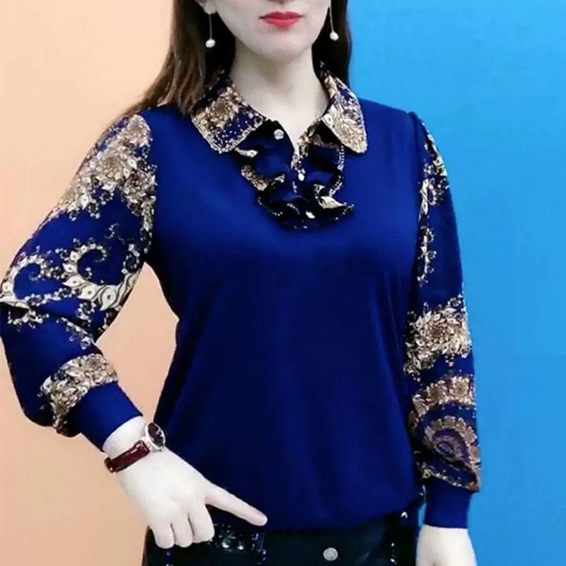 Casual Vintage Printed Shirt Commute Peter Pan Collar Button Spring Autumn Women's Clothing Fashion Ruffles Spliced Loose Blouse