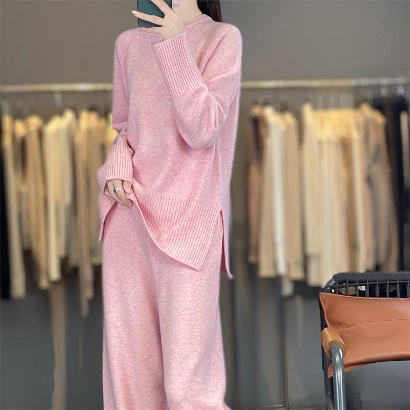 Autumn/Winter Cashmere Knitwear: Thick Long Sweater & Loose Wide-Leg Pants Two-Piece Set
