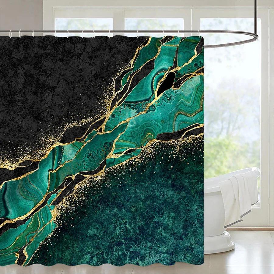 Black Gold Marble Crack Bathroom Shower Curtain Luxury Abstract Deco Textured Geode Art Polyester Fabric Hooks Bath Curtain Set