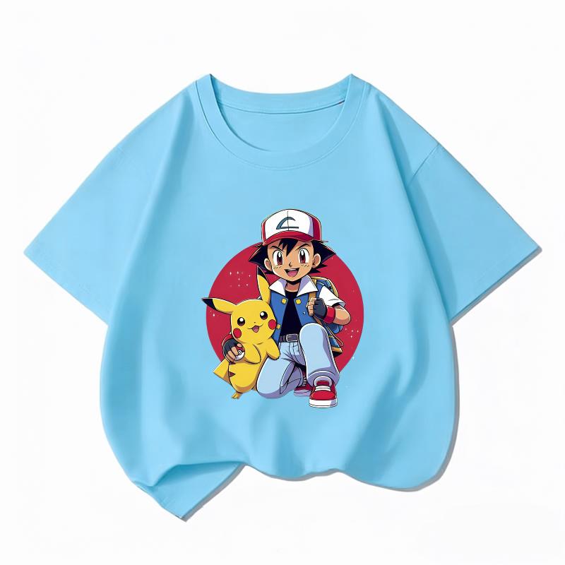 Potdemiel Kids Cotton Tshirt Cute Pikachu Cartoon Print Summer Short Sleeve Breathable Crew Neck Boys Girls Casual Tops