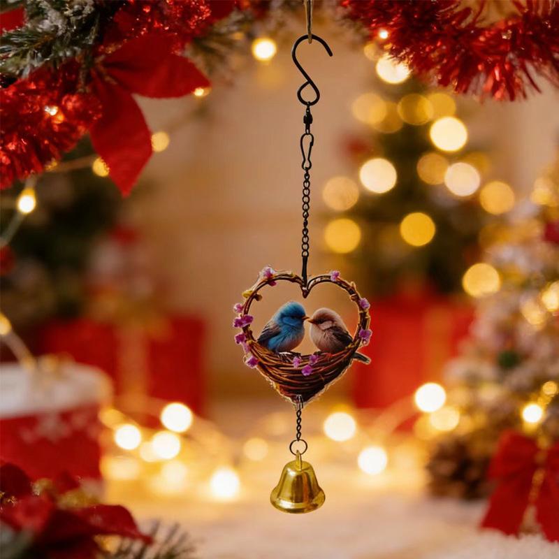 2D flat heart-shaped bird wind chimes with bells, bird heart wind chimes, flat pendants, Valentine's Day gifts