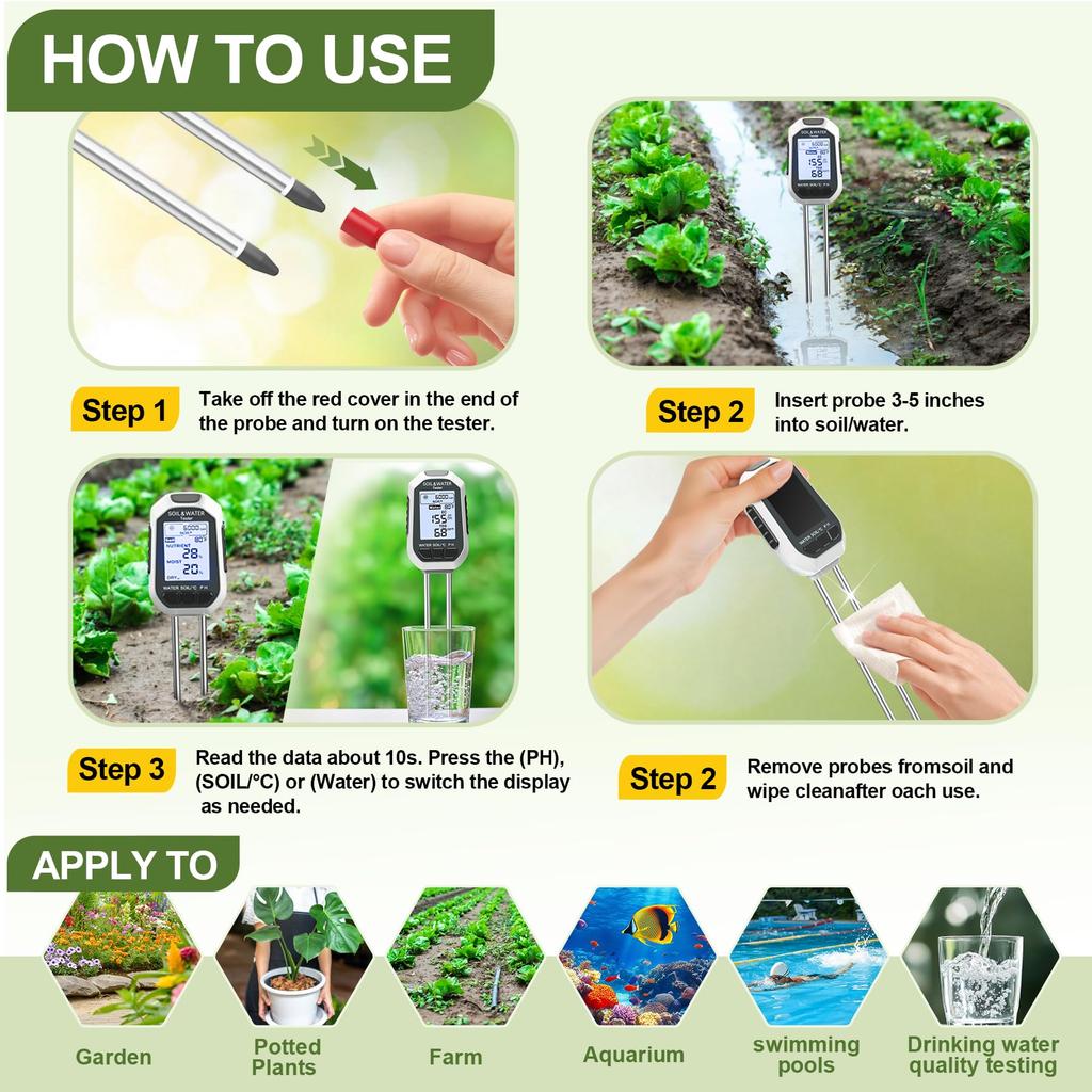 7-in-1 Soil & Water Meter Digital Plant Temperature/Soil Moisture/pH Meter/Light Intensity/Fertility/EC/TDS with Backlit LCD Display