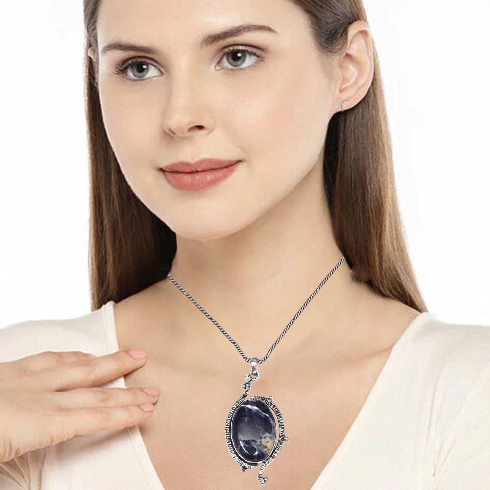 Necklace Sodalite Gemstone Handmade Silver Jewelry 2.5"