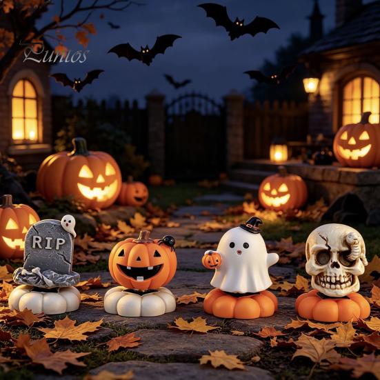 Desktop Halloween Decorations 2Pcs Rotating Tombstone/Pumpkin/Ghost/Skull Figurine, Funny Toy, 360 Resin Pumpkin Figurines Degree Swivel Ornaments for