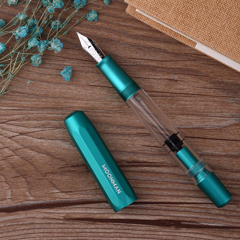 MOONMAN T1 Handmade Resin Fountain Pen, Large Capacity Piston Filler, Fine Nib with Aluminum Alloy Barrel