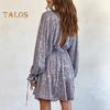Lady Club Party Dress Deep V Neck Shimmering Sequin Loose Solid Color Long Sleeve Bow Lace-up Strap Slimming Look Mini Dress
